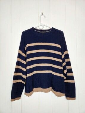 Skull Cashmere Navy Blue & Tan Striped Cashmere Sweater Women's Size Medium